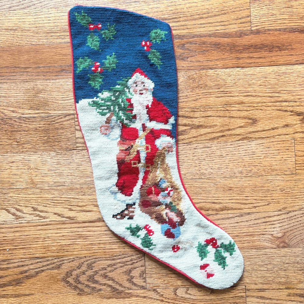 Vintage Needlepoint Christmas Stocking Santa Claus Holly Navy Blue Red 17 Inch
